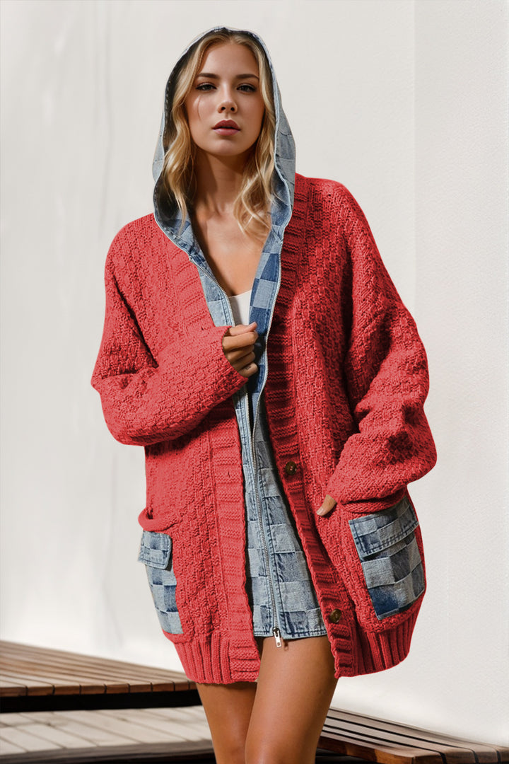 Hooded Knit Cardigan, Denim Patchwork Sweater, Casual Oversized Cardigan, Boho Chic Layering Piece, Trendy Knitwear Jacket, Button-Up Cozy Cardigan