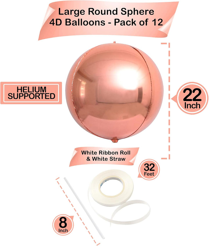 , Metallic Rose Gold Balloons - Big 22 Inch, Pack of 12 | Rose Gold Mylar Balloons, Rose Gold Chrome Balloons | Rose Gold Foil Balloons, Rose Gold Party Decorations | Rose Gold Metallic Balloon