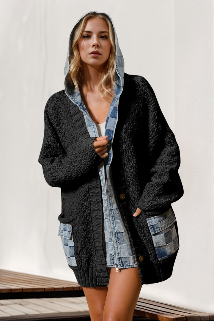 Hooded Knit Cardigan, Denim Patchwork Sweater, Casual Oversized Cardigan, Boho Chic Layering Piece, Trendy Knitwear Jacket, Button-Up Cozy Cardigan