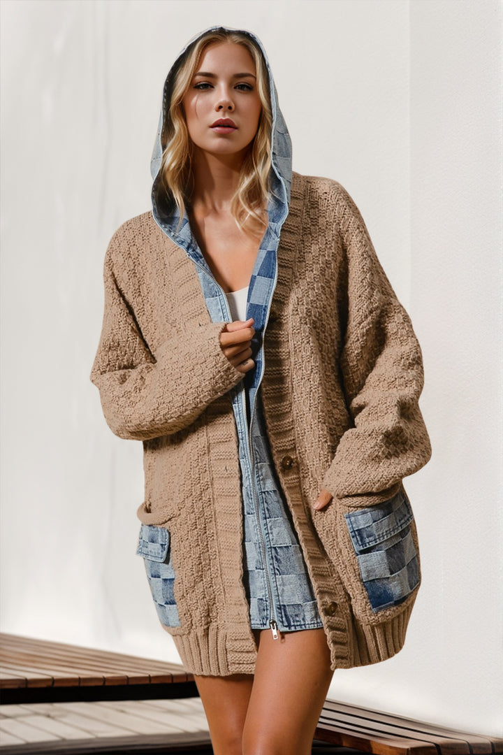 Hooded Knit Cardigan, Denim Patchwork Sweater, Casual Oversized Cardigan, Boho Chic Layering Piece, Trendy Knitwear Jacket, Button-Up Cozy Cardigan